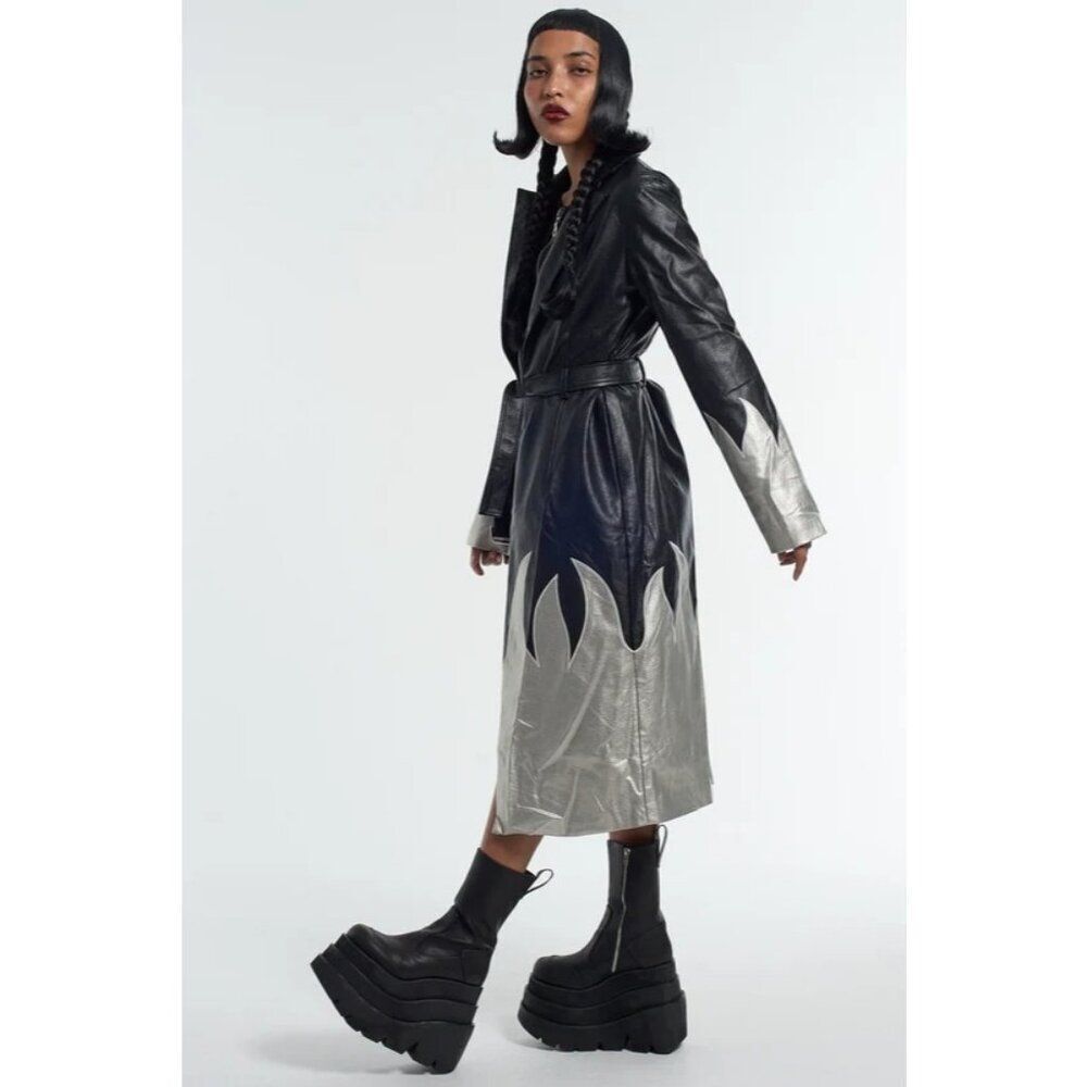 THE RAGGED PRIEST Immortal Coat 16 Silver Flames Faux Leather Trench Mall Goth - Picture 3 of 12